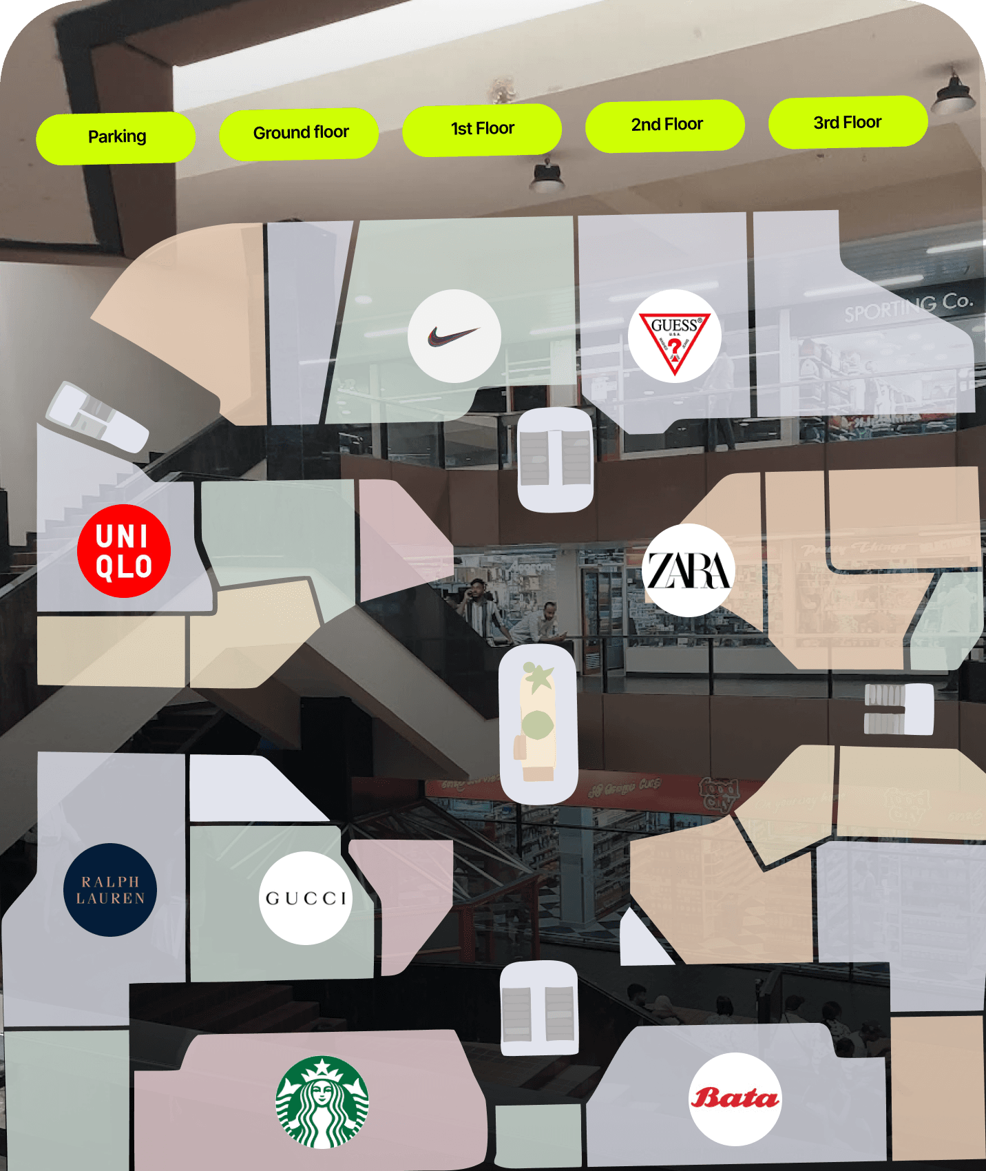 Blicq indoor map of a shopping mall with store locations on each floor