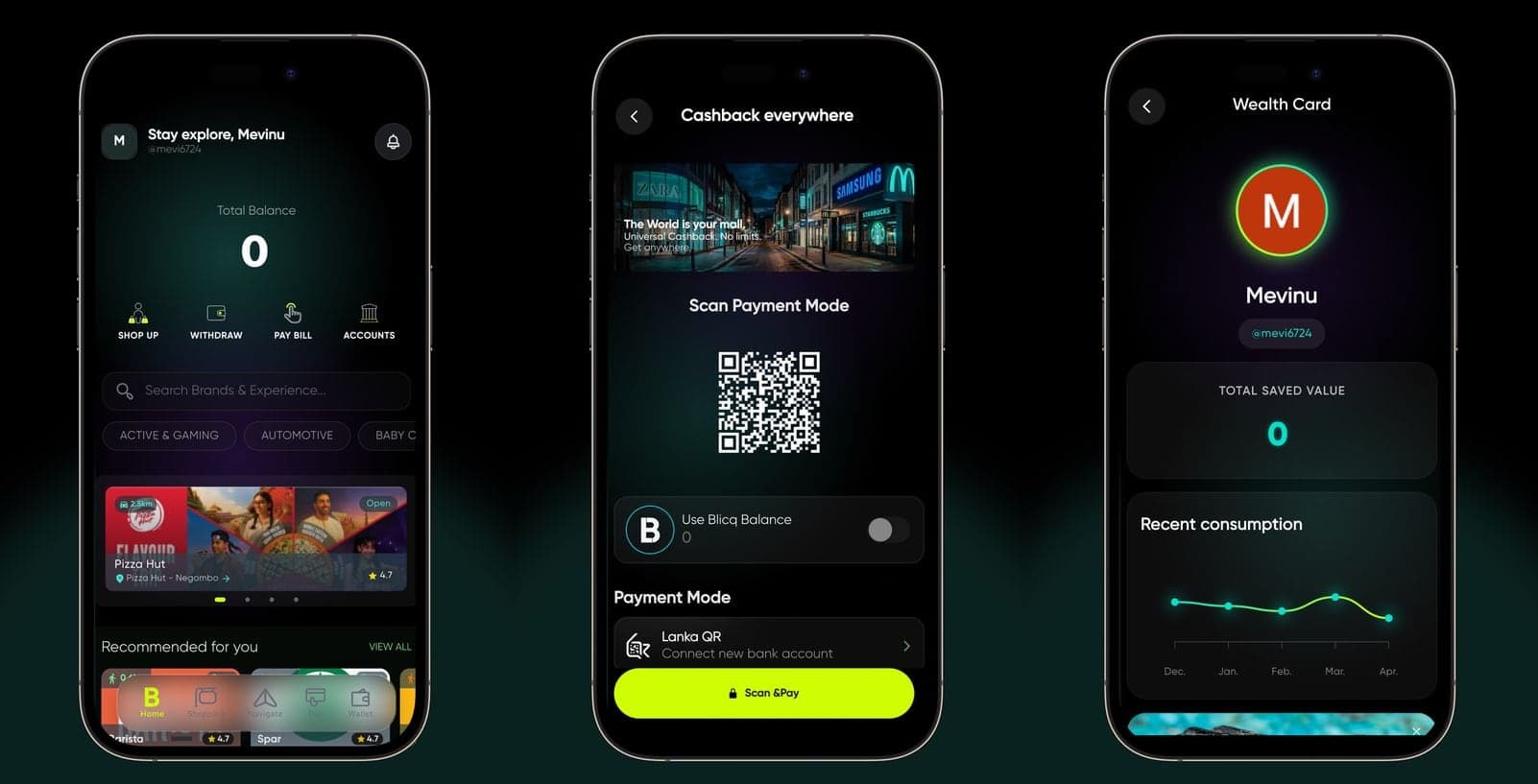 Blicq app screens showing shops, QR payment and the rewards card